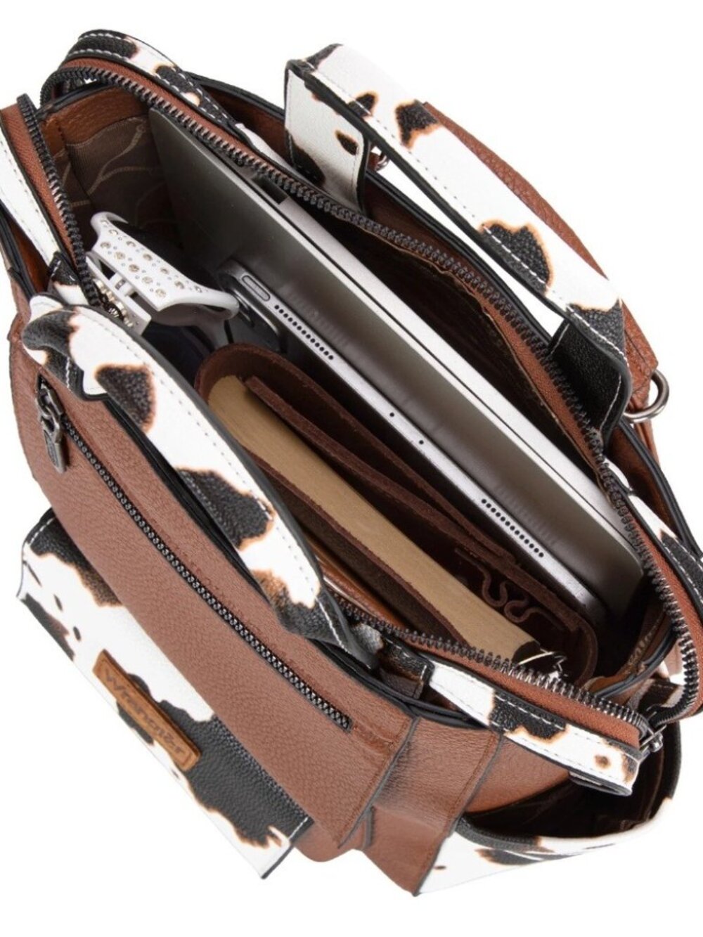 Wrangler Cow Print Tote/Shoulder Bag Convertible Backpack - Brown-Brown - Picture 3 of 5